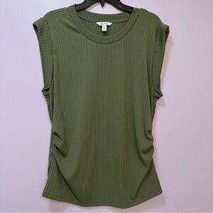 Nine West Short Cap Sleeve Ribbed Crewneck Top in Army Green Size XXL